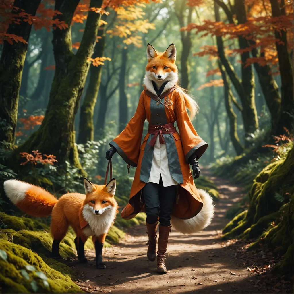 In a lush forest, a woman with fox ears and a long, flowing orange tail walks through the trees. She is wearing a brown leather jerkin and carries a staff in her hand. She is followed by a red fox, who is also wearing a collar. The woman's eyes are a deep, piercing blue, and her ears are pointed. She has a serene expression on her face, and she seems to be enjoying the walk.