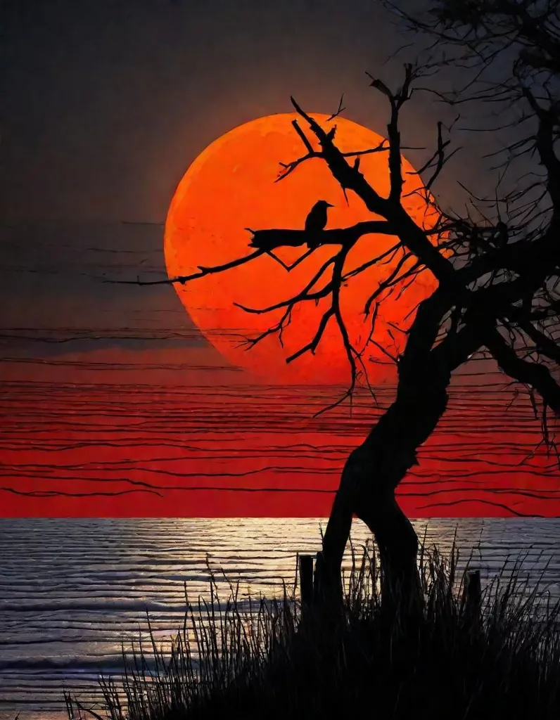 The image is a dark silhouette of a tree against a setting sun. The sky is a deep orange, and the sun is a bright red. The tree is bare, and its branches are reaching out towards the sun. The water is a deep blue, and it is reflecting the light of the sun. The image is peaceful and serene, and it captures the beauty of the natural world.