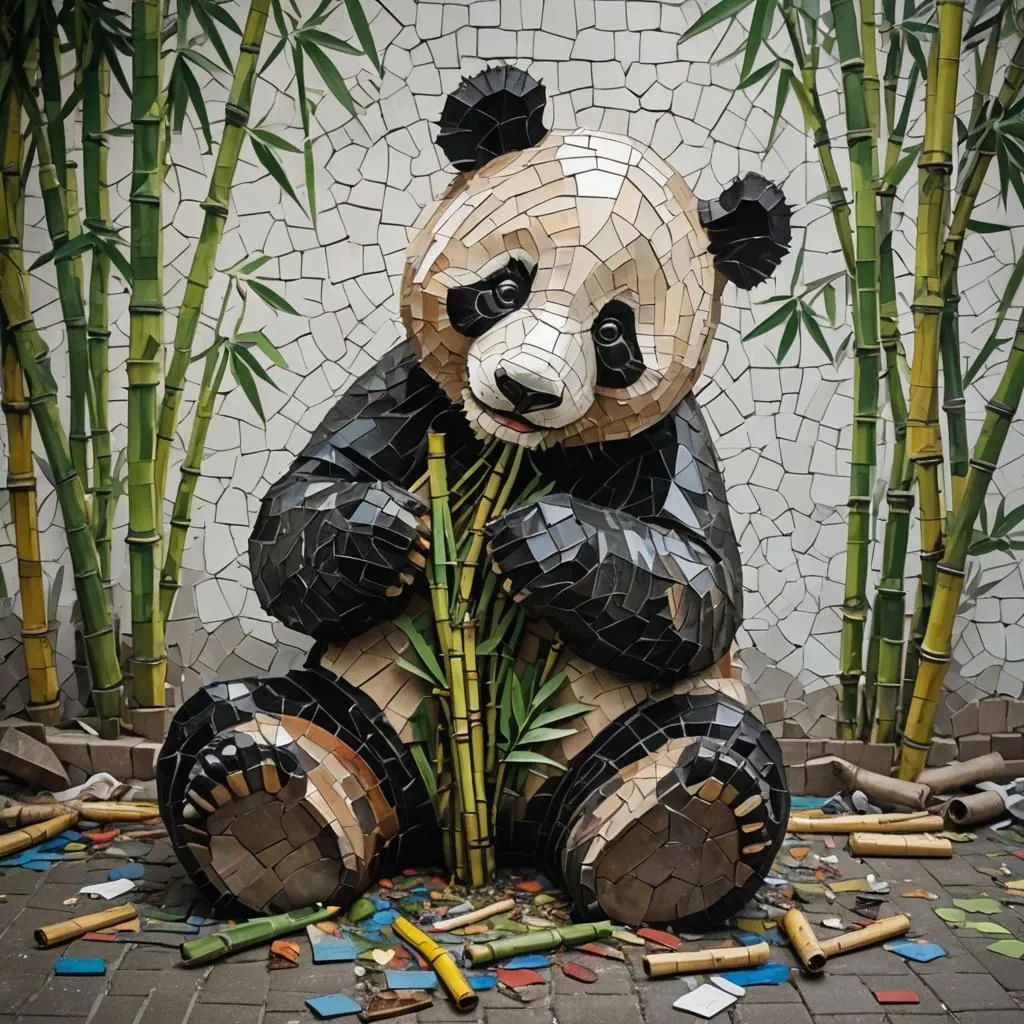 A mosaic of a panda sits in front of a wall of bamboo. The panda is black and white with a round face and fluffy ears. It is sitting on its haunches and eating a stalk of bamboo. The mosaic is made up of small pieces of colored tile. The background is white, and the panda is surrounded by green bamboo leaves.