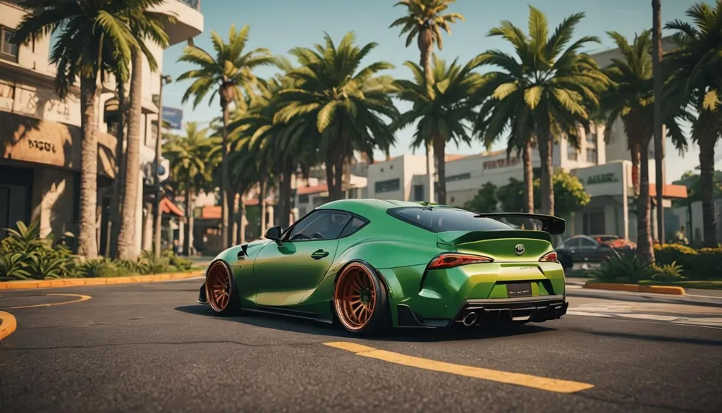 A green sports car is parked on a city street. The car is sleek and stylish, with a low profile and a powerful engine. The street is lined with palm trees, and the sun is shining brightly. The car is a beautiful sight to behold, and it is clear that it is a well-loved and cared for vehicle.