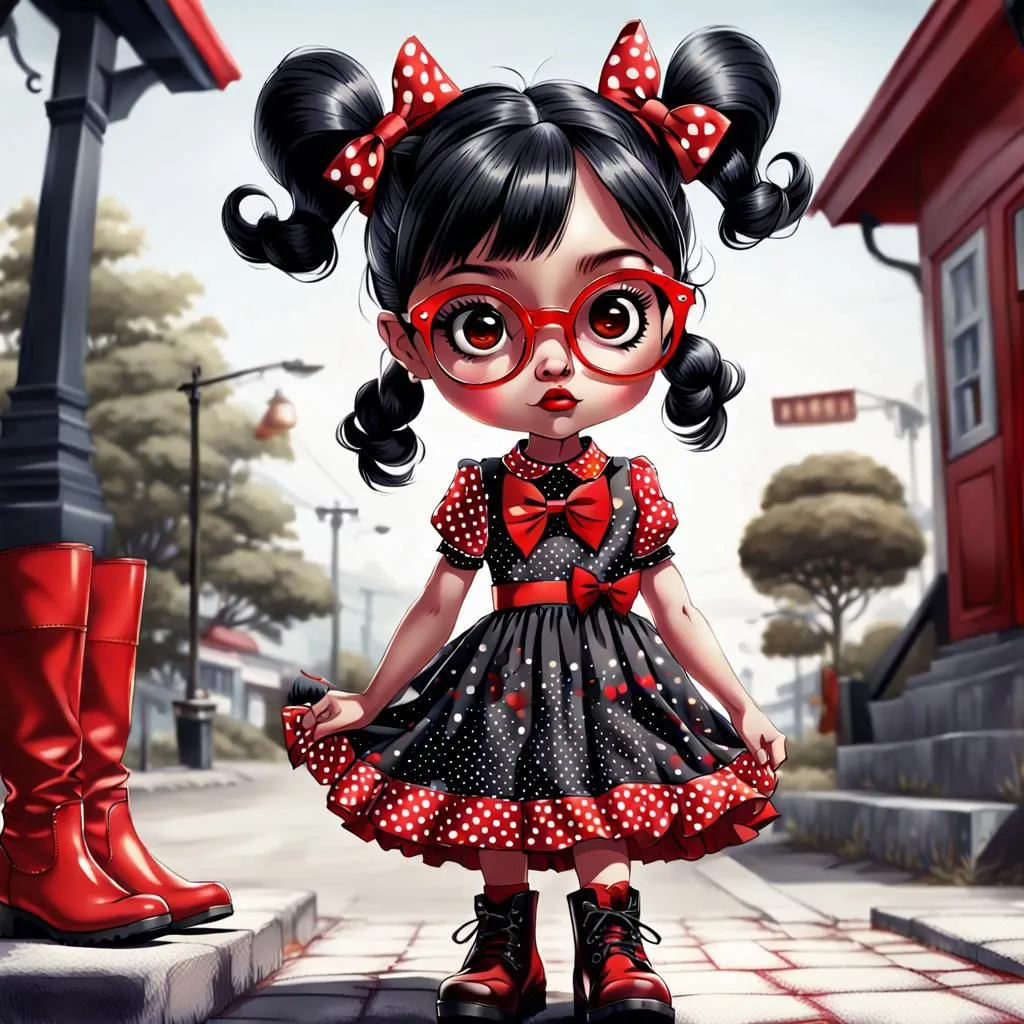 The picture shows a cute little girl. She has black hair tied in two ponytails with red bows. She is wearing a red and black polka dot dress with a red bow on the chest. She is also wearing glasses and red boots. She is standing on the sidewalk in front of a house. There are red boots on the ground next to her. The girl is looking at the camera with a shy smile on her face.