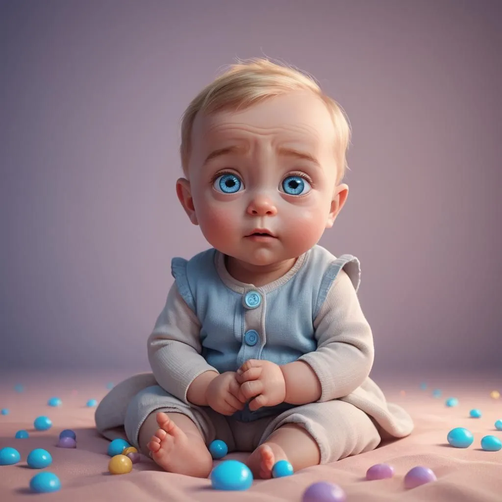 The image shows a 3D rendering of a baby. The baby is sitting on a pink surface and is surrounded by colorful balls. The baby has blond hair and blue eyes and is wearing a blue and white outfit. The baby's expression is one of wonder and curiosity.