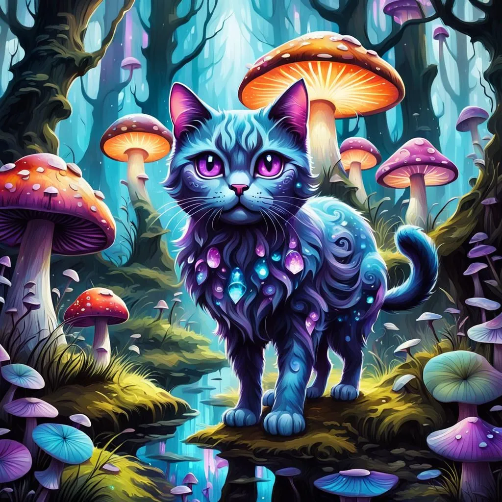 A digital painting of a cat in a magical forest. The cat is blue with purple eyes and a long, flowing mane. It is wearing a necklace made of crystals and flowers. The forest is filled with colorful mushrooms and flowers. There is a river running through the forest, and the cat is standing on a rock in the middle of the river. The painting is done in a realistic style, and the colors are vibrant and lifelike.