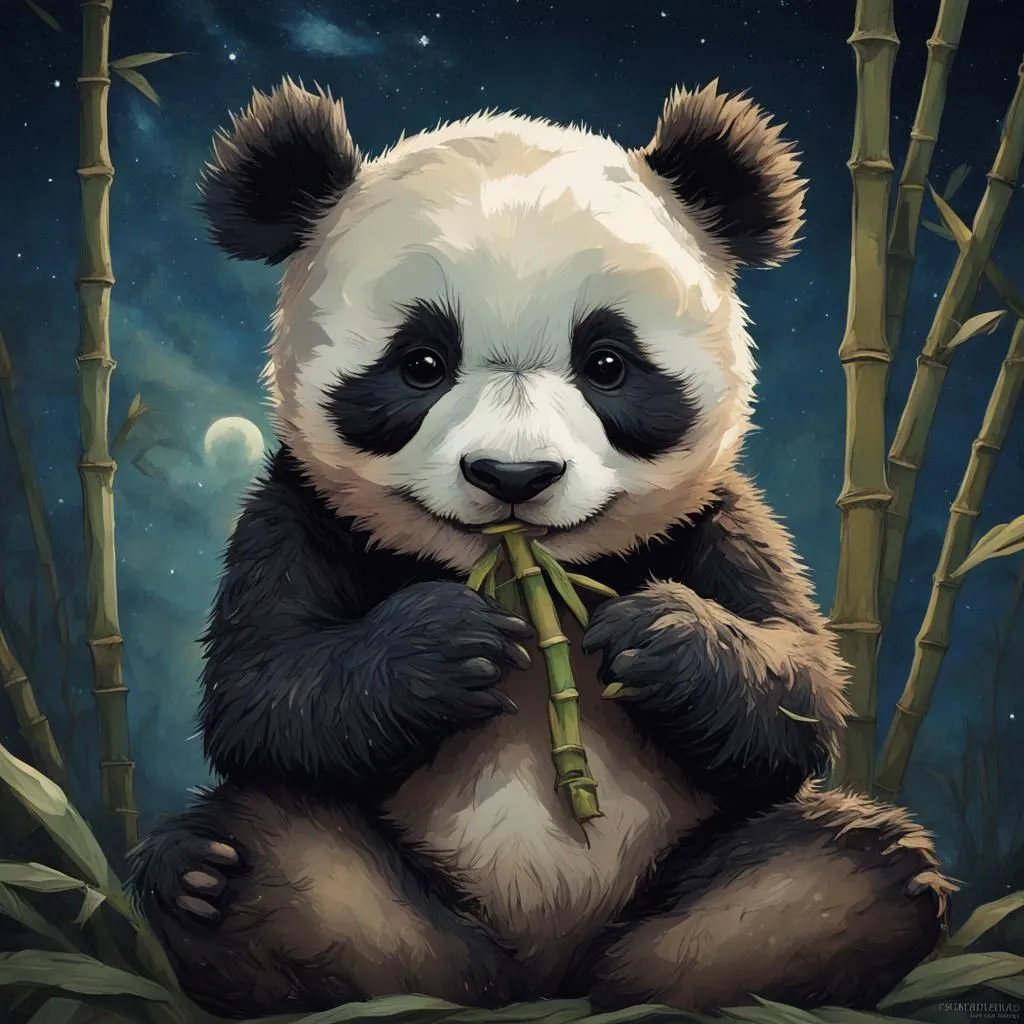 A cute panda is sitting in a bamboo forest. It has a piece of bamboo in its mouth and is looking at the viewer with its big, round eyes. The panda is black and white with a round face and fluffy ears. It is sitting on the ground with its legs crossed and its tail wrapped around its body. The bamboo forest is green and lush, and the leaves are rustling in the wind. The moon is shining brightly in the night sky, and the stars are twinkling. The panda is peaceful and content, and it looks like it is enjoying the night.