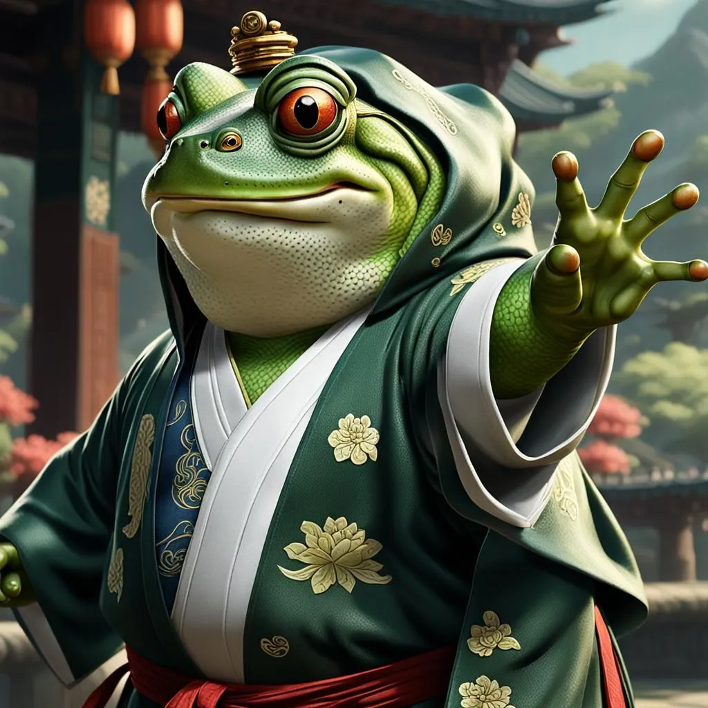 The image shows a anthropomorphic frog dressed in a green robe with golden flower patterns and a red sash. The frog is standing in a courtyard with a red lantern in the background. The frog has a crown on its head and is looking at the viewer with its left hand raised.