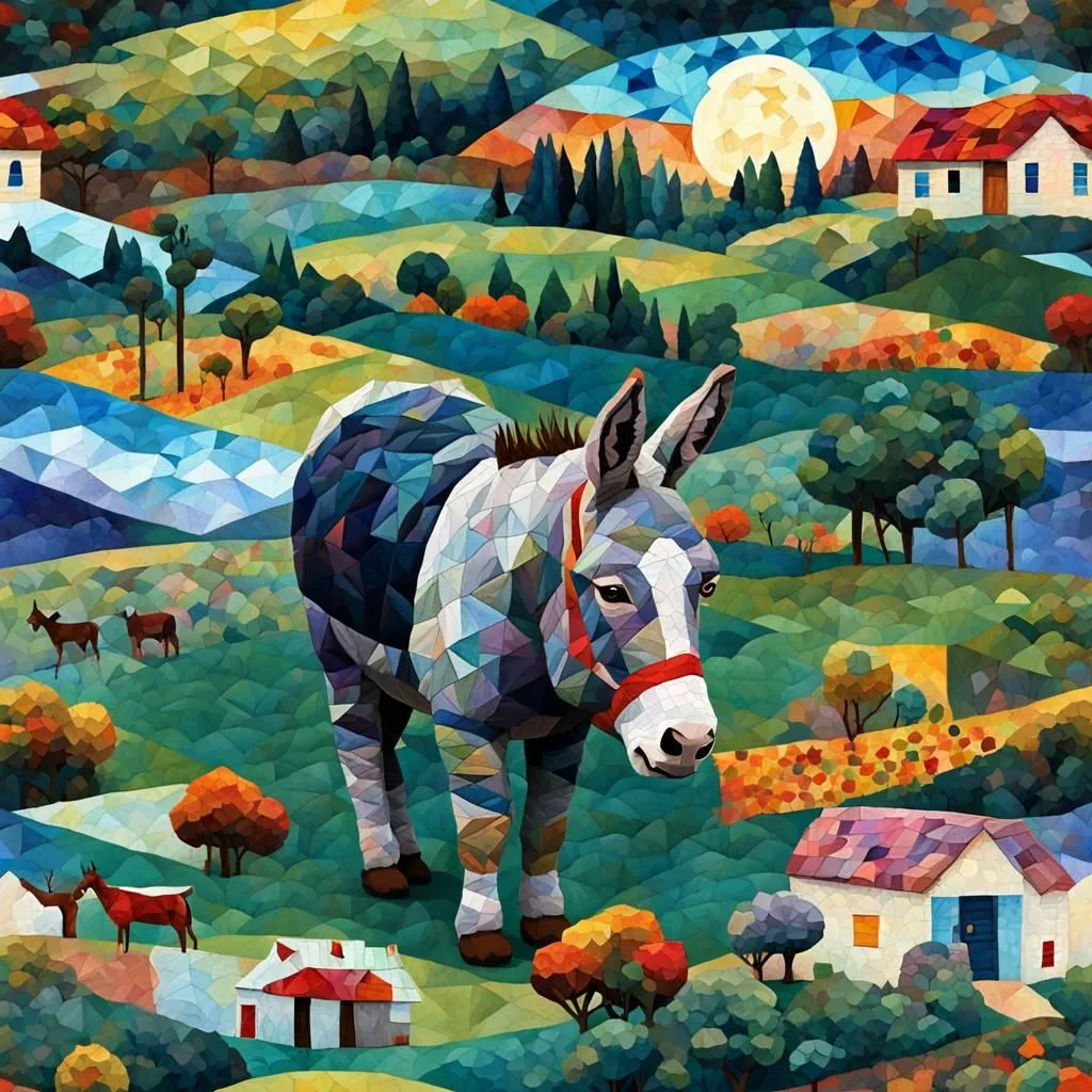 This is a digital painting of a donkey standing in a field. The donkey is the main focus of the painting and is done in a realistic style. The background is a colorful abstract landscape with a blue house and green trees. The painting has a warm and inviting atmosphere.