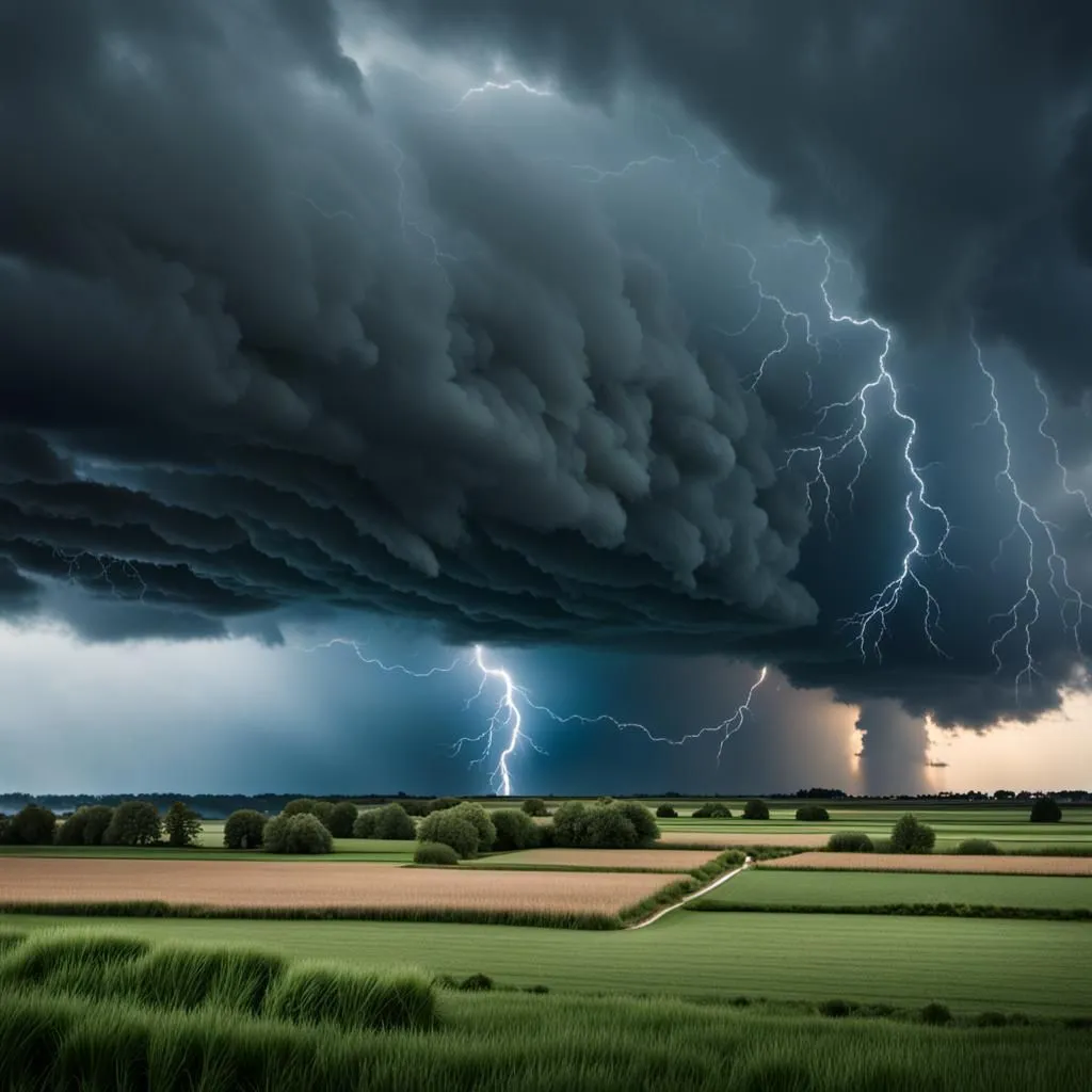 A dark and stormy sky looms over a rural landscape. The sky is filled with billowing clouds and bright flashes of lightning. The storm is likely to bring heavy rain and strong winds. The scene is both beautiful and awe-inspiring. It reminds us of the power of nature and the importance of being prepared for severe weather.