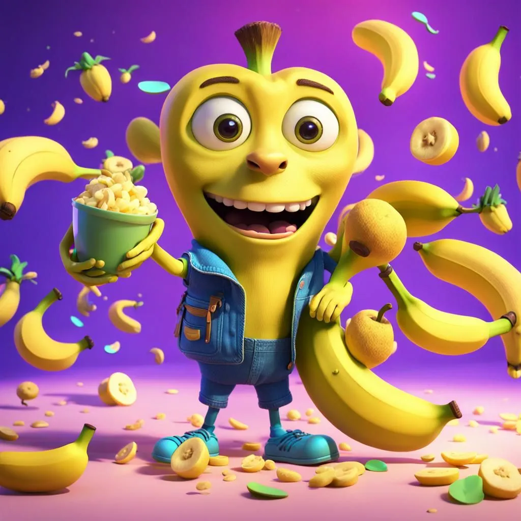 This is a 3D rendering of a cartoon banana mascot. The banana is wearing a blue vest and blue sneakers. He is holding a bowl of cereal in one hand and a bunch of bananas in the other hand. He is standing in front of a purple background with bananas falling all around him.