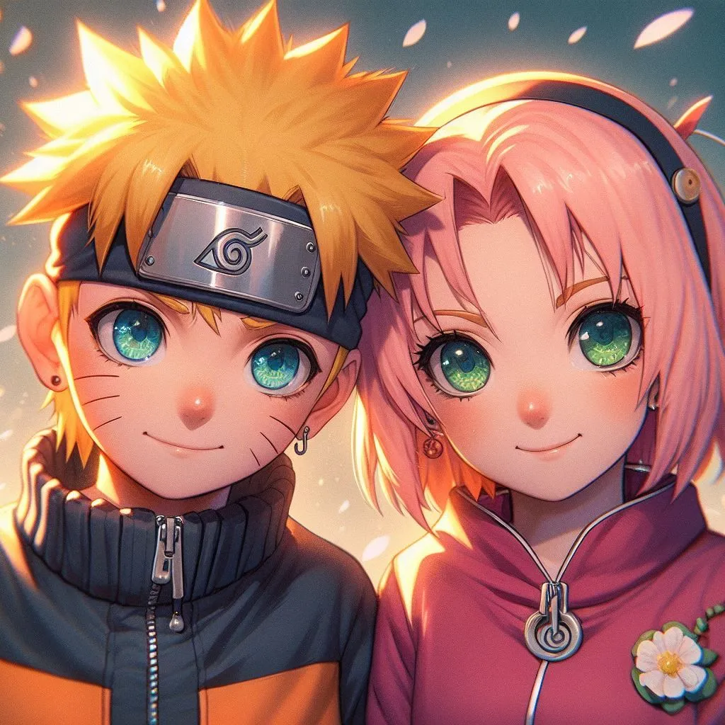 The image is of two anime characters, Naruto Uzumaki and Sakura Haruno, from the series Naruto. Naruto is a young boy with spiky blond hair and blue eyes, and Sakura is a young girl with pink hair and green eyes. They are both wearing ninja outfits, and Naruto has a headband with the symbol of the Hidden Leaf Village on it. They are standing close to each other and smiling. The background is a blur of light pink and white.