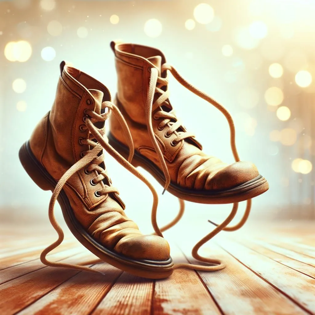 A pair of brown leather boots with the laces tied together is floating in midair against a blurry background of twinkling lights. The boots are old and worn, with scuff marks on the toes and heels. The laces are long and twisted, and they seem to be defying gravity. The boots are a symbol of hard work and determination, and they seem to be floating in midair as a testament to the power of the human spirit.