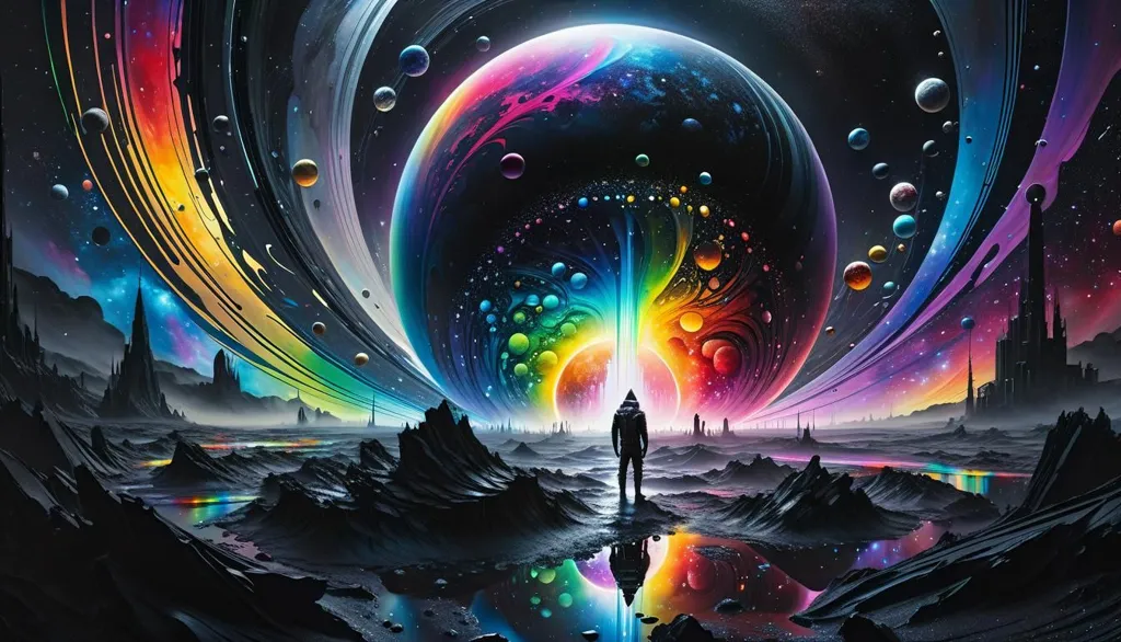 The image is set in a colorful and vibrant universe. There are multiple planets and galaxies in the background. A figure stands in the center of the foreground, looking out at the universe. The figure is wearing a spacesuit with a visor, and is surrounded by a rainbow-colored mist. The image is full of wonder and mystery, and it inspires a sense of awe and exploration.