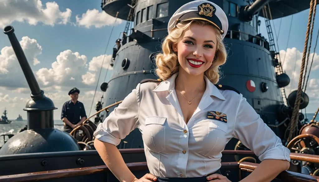 The photo shows a woman standing on the deck of a ship. She is wearing a white shirt and a white hat with a gold band around it. She has her hands on her hips and is smiling. There are two men in the background, one of whom is looking at her.