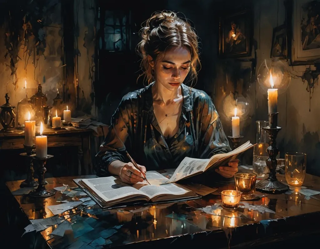 The image is of a woman sitting at a desk, writing in a book. She is surrounded by candles, which are providing the only light in the room. The woman is wearing a dark dress and has her hair pulled back in a bun. She is专注于她的写作, and the image has a very peaceful and serene feeling to it.