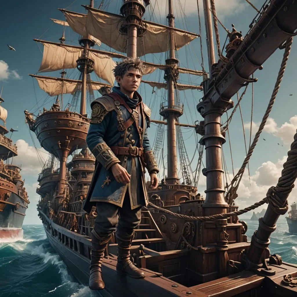 A young man with a determined look on his face stands on the deck of a large wooden ship. He is dressed in a blue and gold outfit and has a sword at his side. The ship is surrounded by other ships, and the ocean is rough. The man looks out at the horizon, his eyes full of hope. He is ready for whatever adventure lies ahead.