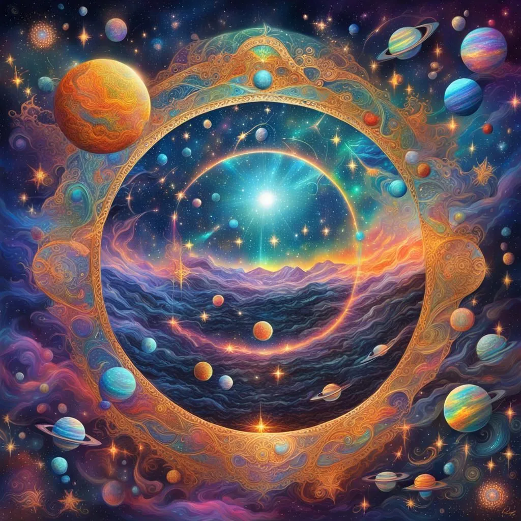 The image is a depiction of a colorful and vibrant universe. There are many stars, planets, and galaxies in the image. The colors are very bright and saturated, and the overall effect is one of wonder and awe. The image is very detailed, and there is a lot to look at. The planets are all different sizes and shapes, and they are all in different positions in the sky. There are also many stars in the image, and they are all different sizes and colors. The image is very beautiful, and it is clear that the artist put a lot of time and effort into creating it.