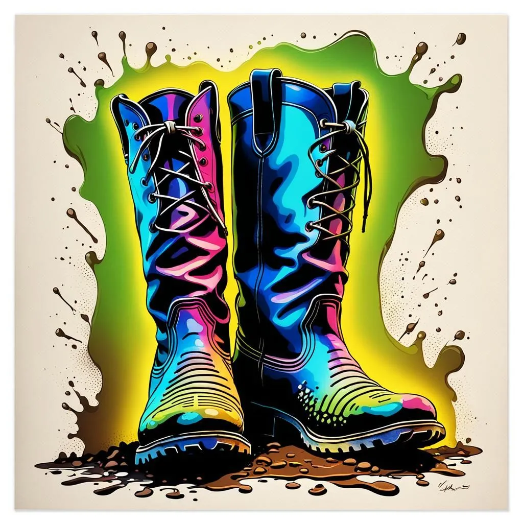 A pair of blue, pink, and yellow boots are sitting in a puddle of mud. The background is a bright green. The boots are made of leather and have laces. The soles of the boots are made of rubber. The boots are covered in mud.