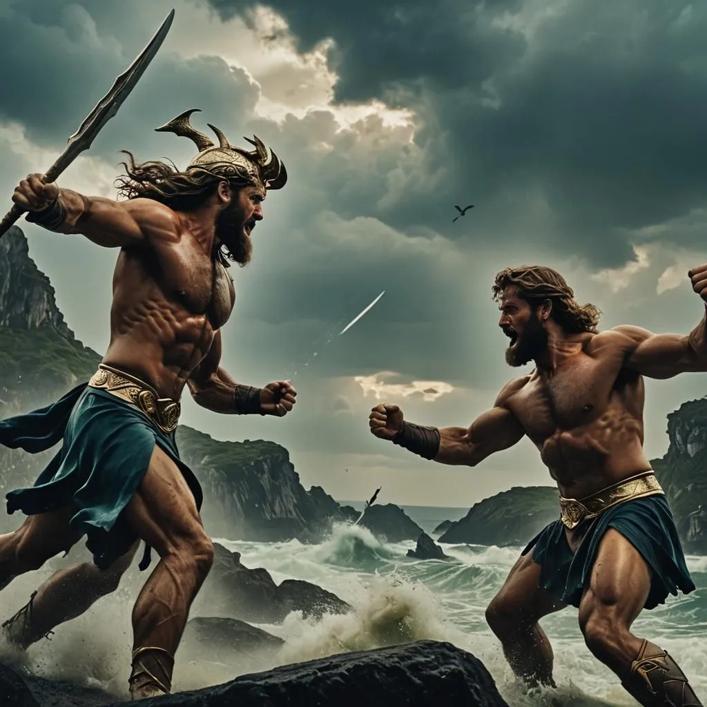 In a dramatic clash of power and strength, two muscular warriors engage in an intense battle. Their rippling muscles and determined expressions convey the ferocity of the fight. One warrior, with a majestic beard and wielding a gleaming sword, charges forward, ready to strike his opponent. The other warrior, equally formidable, braces himself for the impact, his fists clenched and prepared to counterattack. The wild and stormy sea adds to the intensity of the scene, with waves crashing against the rocky shore and dark clouds swirling overhead. The warriors' movements are a blur of motion, each one berusaha to outmaneuver and defeat the other. The outcome of this epic battle hangs in the balance, as the warriors push their bodies and skills to the limit.