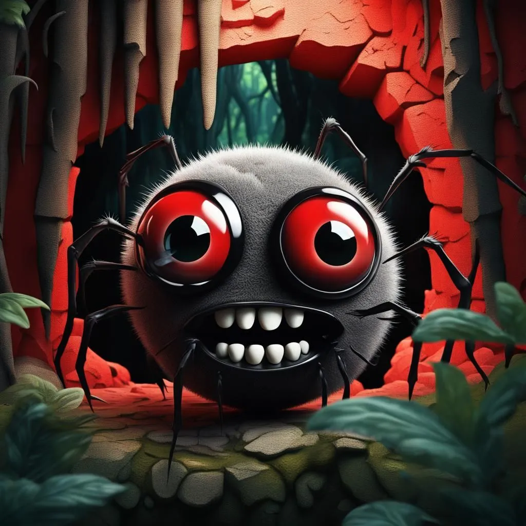 A cartoon spider with large red eyes and a toothy grin lurks in a cave. The spider is gray and furry with eight legs. It has a large, bulbous body and a small head. The cave is dark and damp, with a few rocks and leaves on the ground. The spider is perched on a rock, and it is looking out at the viewer with a mischievous expression.