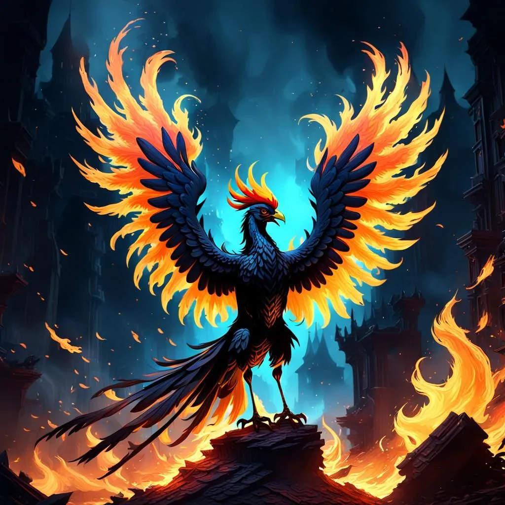 The phoenix is a mythical bird that is said to be a symbol of hope and renewal. It is often depicted as a large, brightly colored bird with a long tail. In this image, the phoenix is shown standing on a rock in the middle of a fire. The fire is all around the phoenix, but the bird is not harmed. This image is a symbol of the phoenix's power to overcome adversity and be reborn from the ashes.