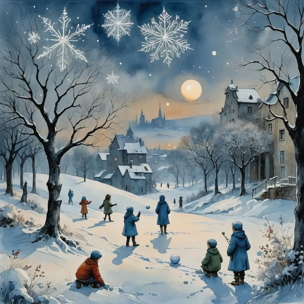 It's a beautiful winter scene. The snow is falling, the moon is shining, and the children are playing in the snow. They are making snow angels, throwing snowballs, and just having fun. The trees are bare, and the houses are covered in snow. The church is in the background. The scene is very peaceful and serene.