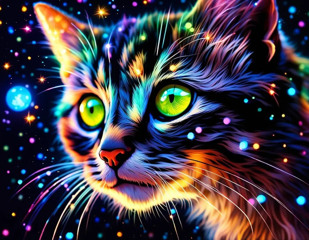 This is a digital painting of a cat. The cat has green eyes and looks like it is staring at something. Its fur is a rainbow of colors, and there are stars and other shapes in the background. The painting has a lot of detail, and the colors are very vibrant.