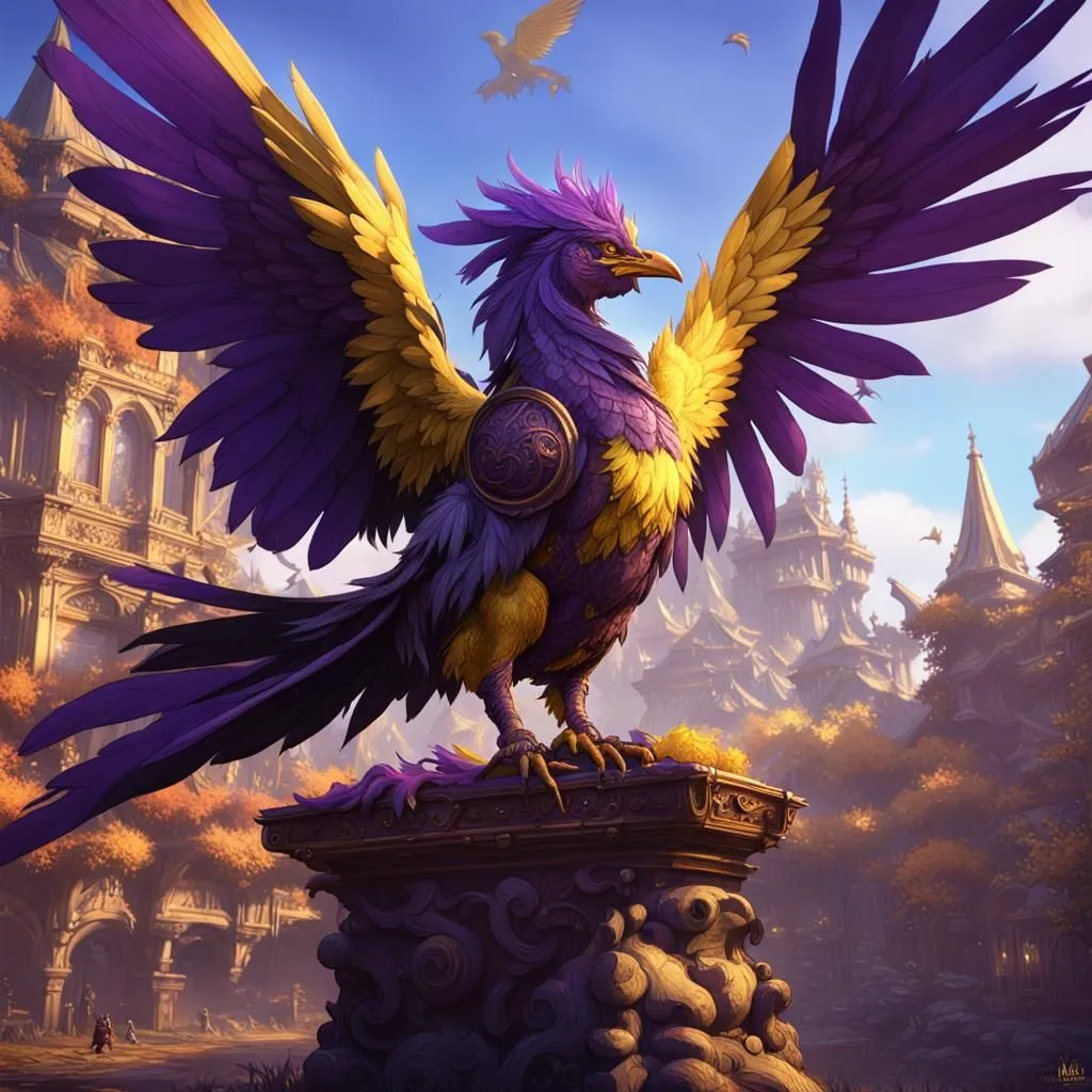 The majestic purple and gold feathered phoenix stands proudly on a pedestal in the center of the city. Its wings are spread wide, showing off their vibrant colors. The phoenix's head is held high, and its eyes are narrowed in determination. It is clear that this is a creature of great power and strength. The city is bustling with activity, but the phoenix remains still and focused. It is a symbol of hope and renewal, and it is a reminder that even in the darkest of times, there is always light at the end of the tunnel.