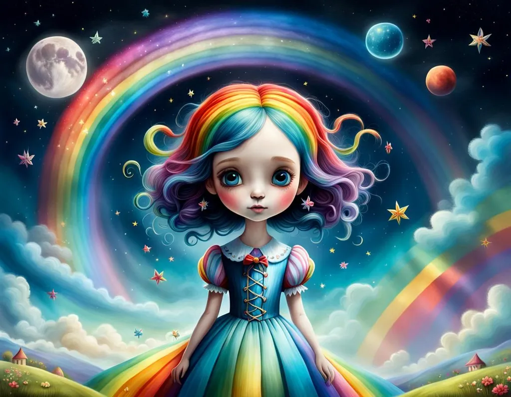 The little girl is wearing a blue and pink dress with a white collar. She has long rainbow-colored hair and big blue eyes. She is standing in a field of green grass and flowers, with a rainbow in the background. There are two moons and many stars in the sky. The girl is smiling and looks happy.