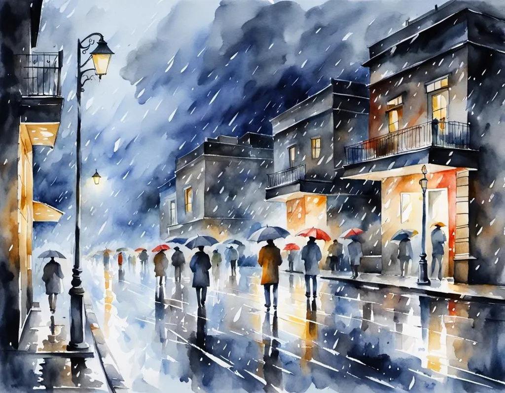 It is raining heavily in the city. The street is wet and deserted. There are only a few people walking in the rain. They are all wearing coats and hats. They are hurrying to get to their destination. The rain is falling hard on the ground. The street lights are on. The city looks gloomy and sad.