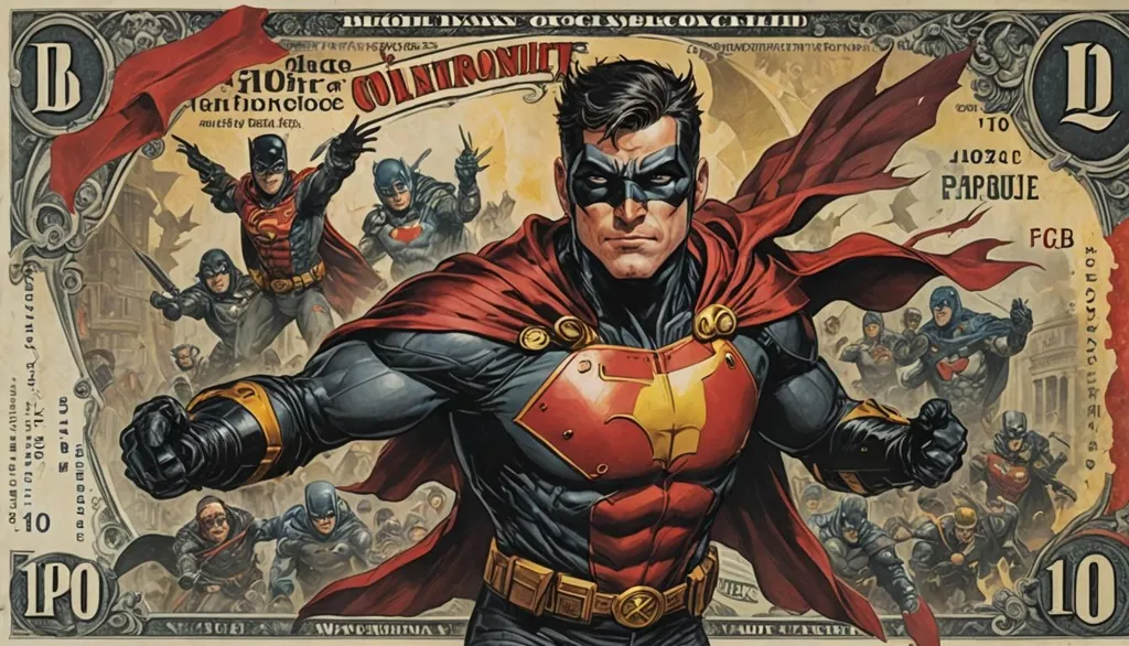 The image is of a superhero. He is wearing a red and blue suit with a yellow cape. He has a mask on his face and a utility belt around his waist. He is standing in front of a group of other superheroes. They are all standing in front of a large American flag.