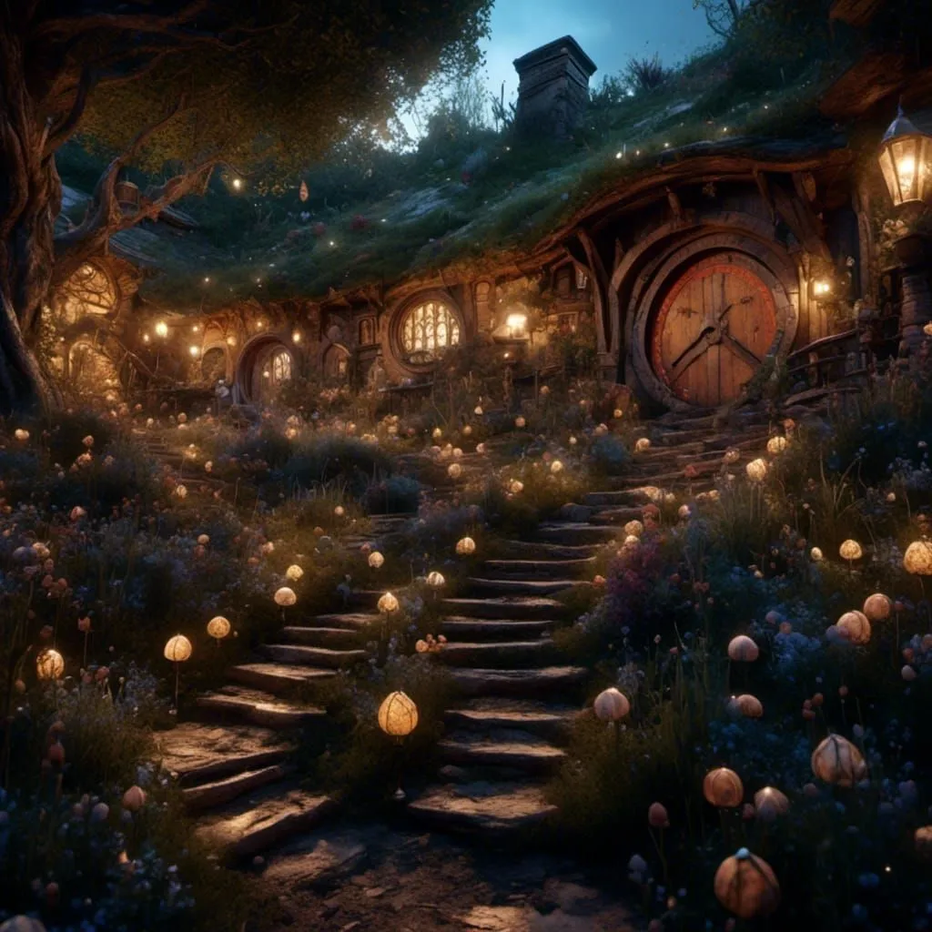 The image is a digital painting of a hobbit hole. The hobbit hole is a round, underground home with a green door and a thatched roof. It is located in a lush, green field with flowers and trees. There is a path leading up to the hobbit hole, and there are lanterns hanging from the trees. The image is warm and inviting, and it captures the magic of the Shire.