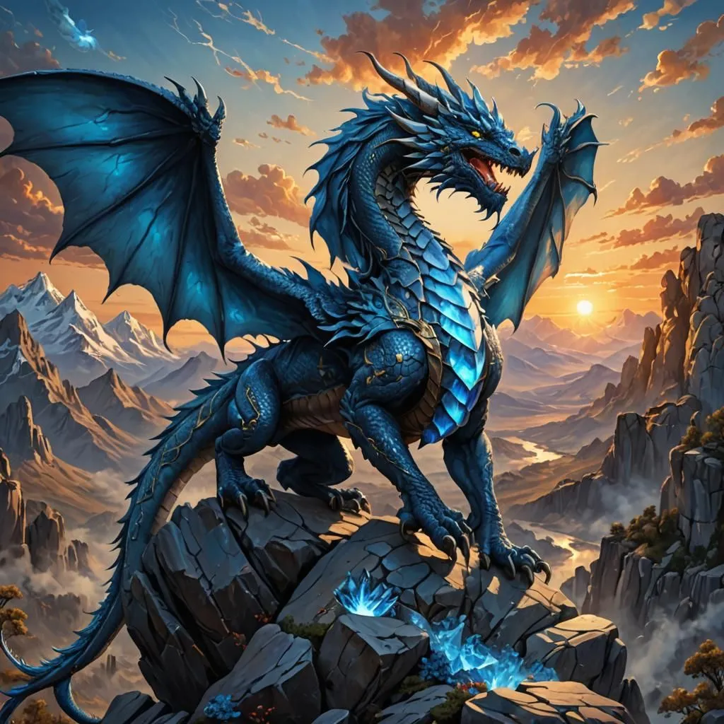 The blue dragon is a majestic creature with shimmering scales and a long, serpentine body. Its wings are outstretched as it stands atop a rocky crag, surveying the mountainous landscape below. The sun sets in the distance, casting a warm glow over the scene.