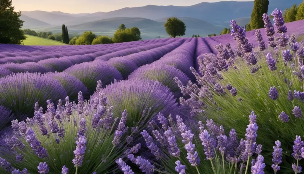 This is a picture of a lavender field. There are many lavender flowers in the field. The flowers are purple, blue, and white. The field is surrounded by trees and mountains. The sky is blue and there are some clouds in the sky. The lavender is in bloom and it is a beautiful sight. The lavender field is in Provence, France.