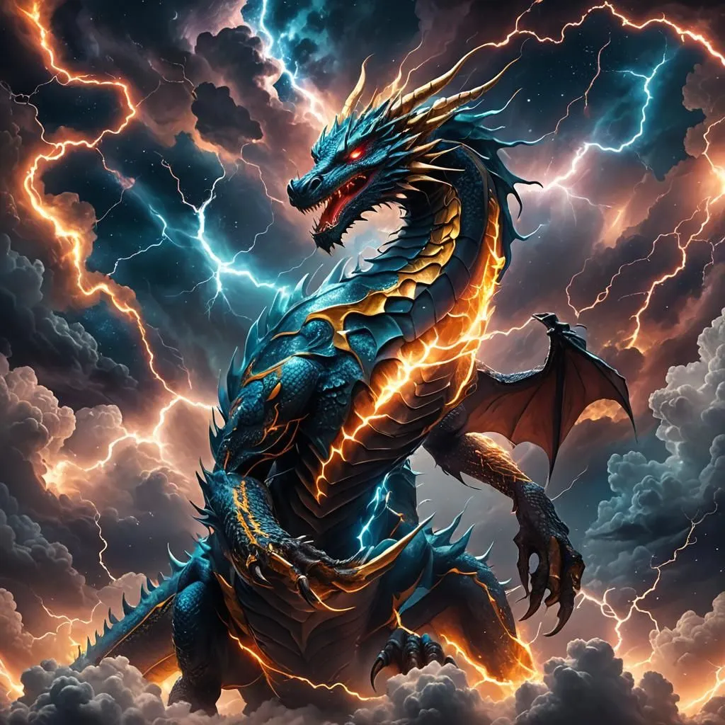 A magnificent blue and gold dragon stands proudly in the midst of a stormy sky. Its powerful wings are outstretched, and its tail lashes behind it. The dragon's eyes are narrowed in concentration, and its mouth is open in a roar. Bolts of lightning crackle around it, and the clouds churn and roil. The dragon is a fearsome creature, and its power is undeniable.