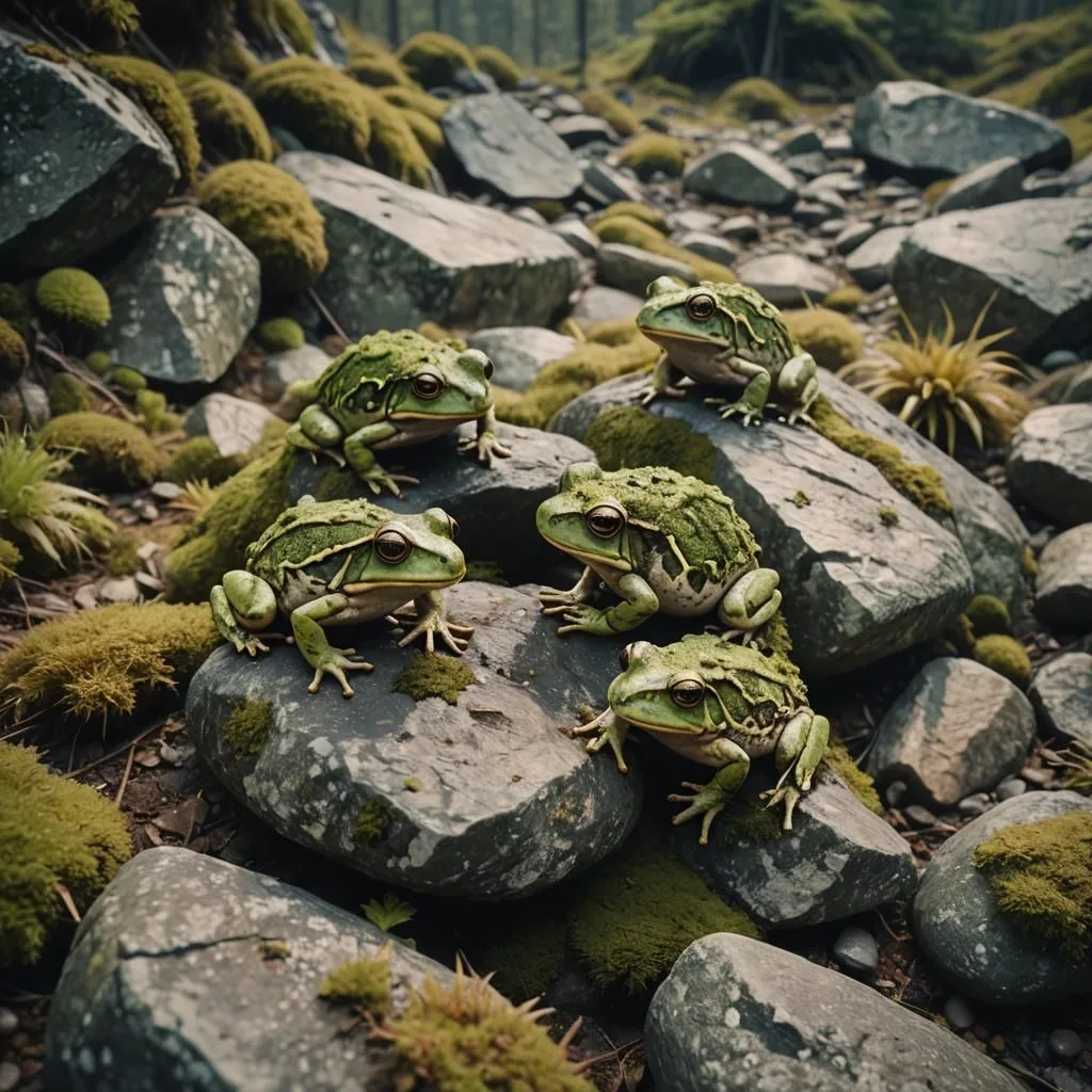 A group of five green frogs are sitting on some mossy rocks in the middle of a forest. The frogs are all different sizes, with the largest one being about the size of a golf ball. They are all looking in different directions, and they seem to be unaware of the presence of the camera. The rocks are covered in moss, and there are some small plants growing between them. The background of the image is a blur of green leaves and branches.