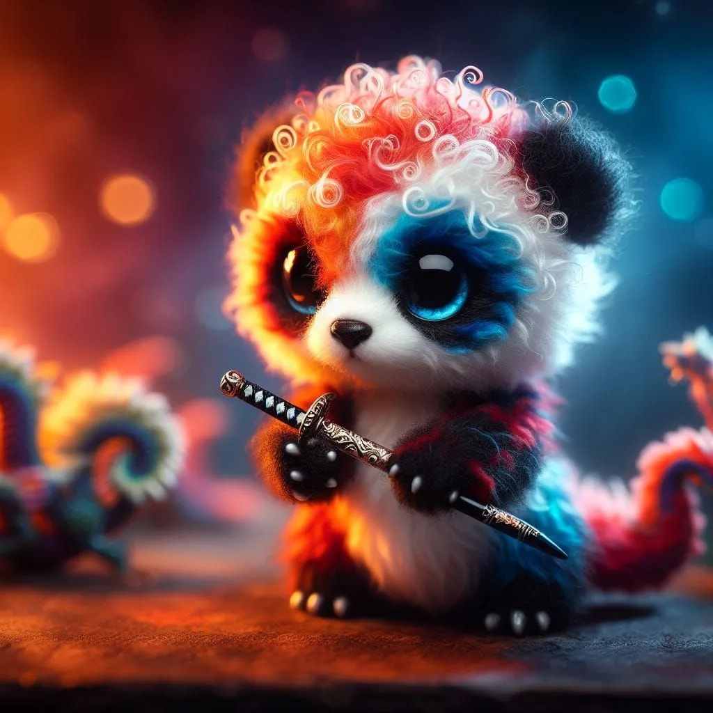 The image shows a cute and colorful panda. It has rainbow-colored fur, big blue eyes, and a tiny body. It is also holding a sword that is almost as big as it is. The panda is standing in a dark place, but it is illuminated by a bright light. There are also some colorful lights in the background. The panda looks like it is ready to fight, but it is also very cute and cuddly.