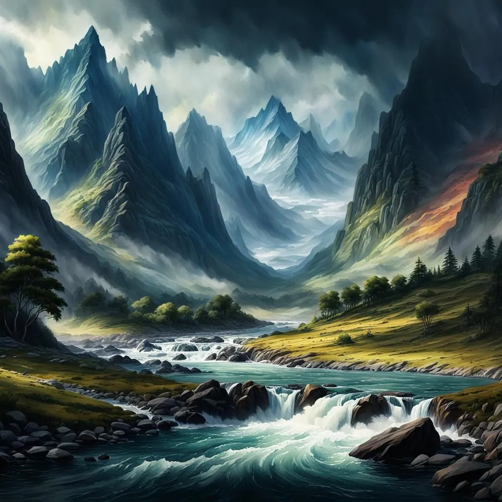 The image is of a mountain landscape. There are tall, snow-capped mountains in the background, and a river in the foreground. The river is flowing through a valley, and there are trees and grass on the banks. The sky is cloudy, and there is a mist in the air. The overall effect is one of beauty and tranquility.