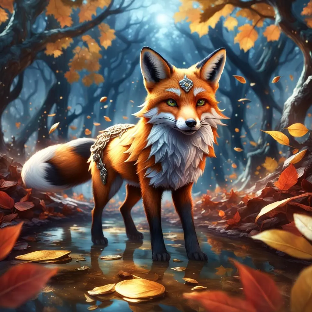 In the middle of a dense forest, a majestic red fox stands tall. The fox's fur is a vibrant orange, with white tips on its ears and tail. It has a golden necklace with a green gem in the center, and its eyes are a deep, piercing green. The fox is standing in a small clearing, surrounded by fallen leaves. The trees in the background are tall and imposing, their branches reaching out to touch the sky. The fox looks out at the viewer with a regal air, as if it is surveying its kingdom.