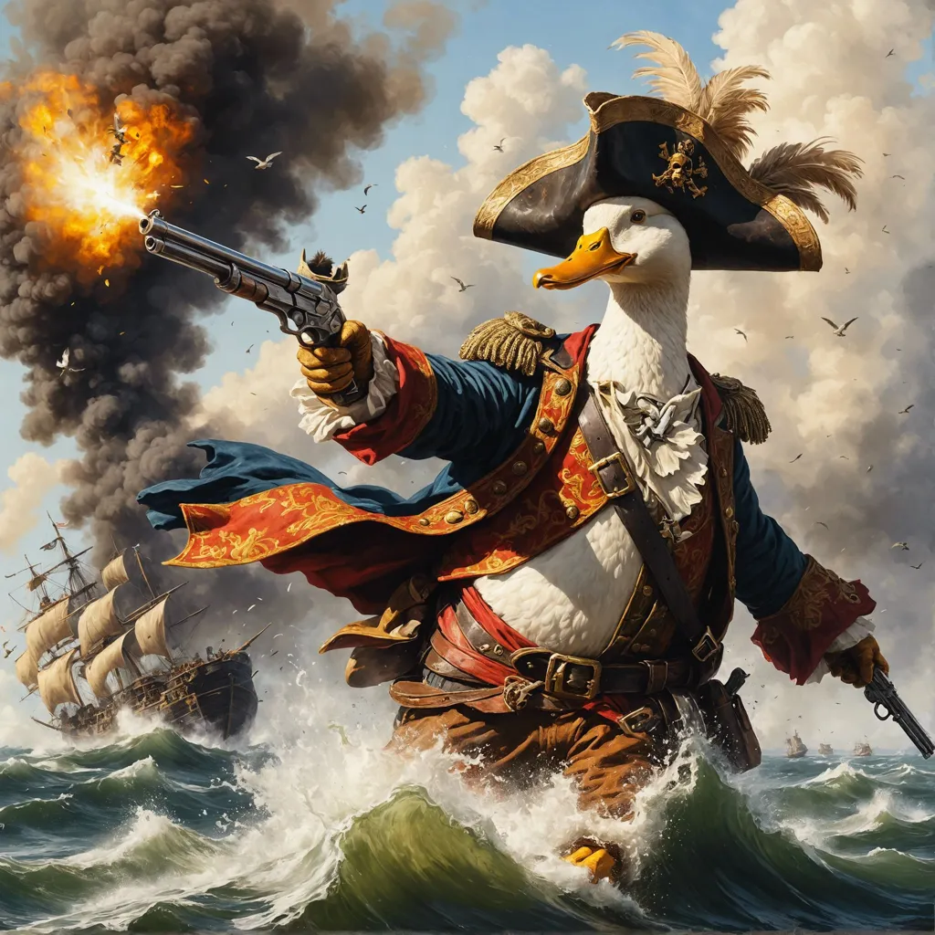 There is a duck in the picture. It is dressed like a pirate. It has a hat on its head, a sword on its side, and a gun in its hand. It is standing on the deck of a ship. There are other ships in the background. There are also some seagulls flying around. The duck is looking at the other ships with a determined expression on its face. It seems like it is about to fire its gun.