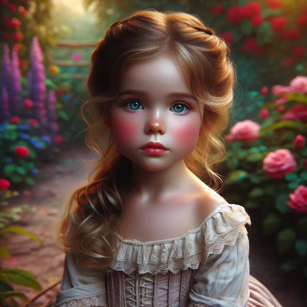 The little girl is wearing a white dress with a lace collar. Her blonde hair is in a ponytail and she has blue eyes. She is standing in a garden of flowers and looks like a porcelain doll.