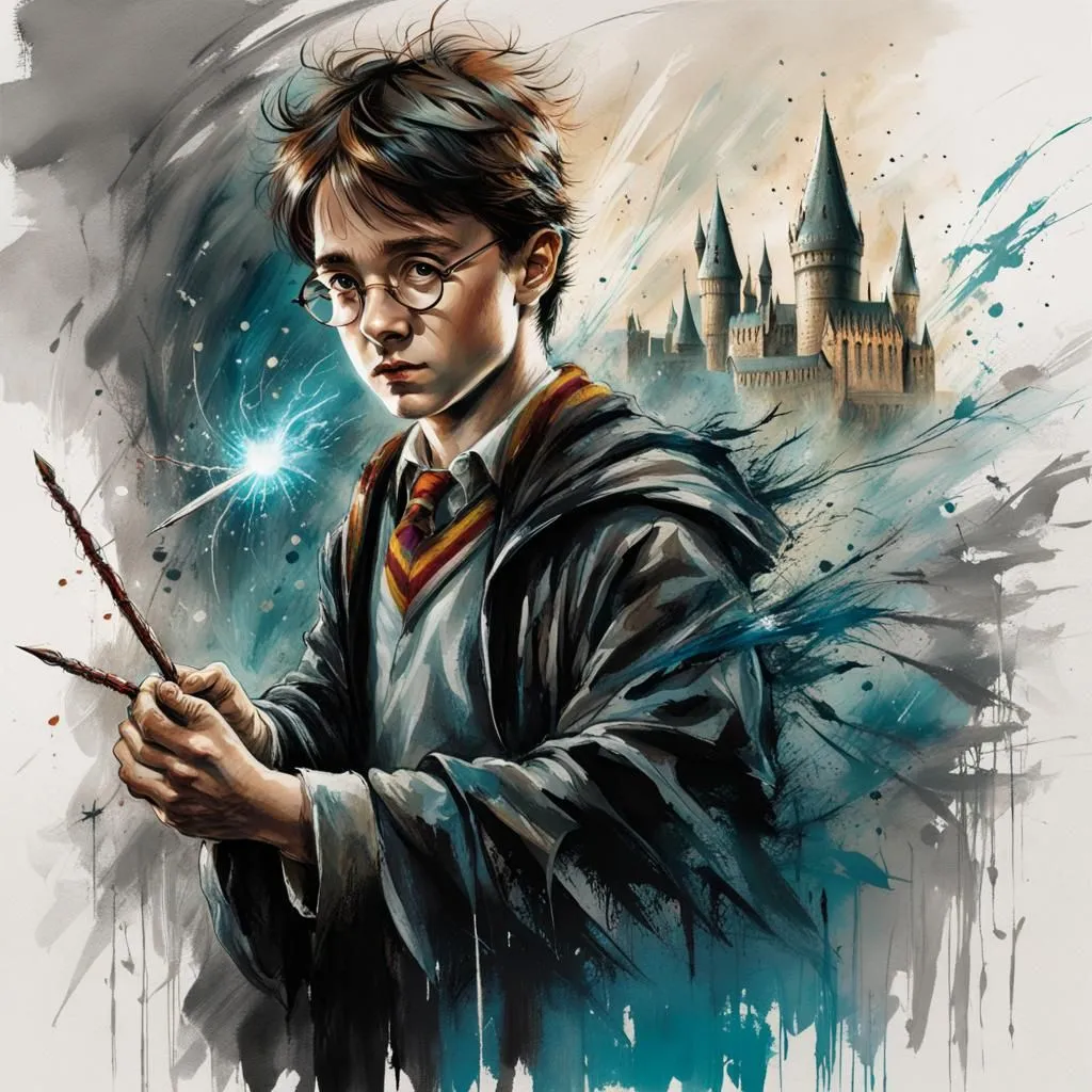 The picture shows Harry Potter, a character from the Harry Potter series. He is wearing his school uniform and holding a wand. He is standing in front of Hogwarts Castle, which is the school of magic that he attends. The castle is surrounded by a forest and there are mountains in the background. The sky is dark and there are storm clouds gathering.