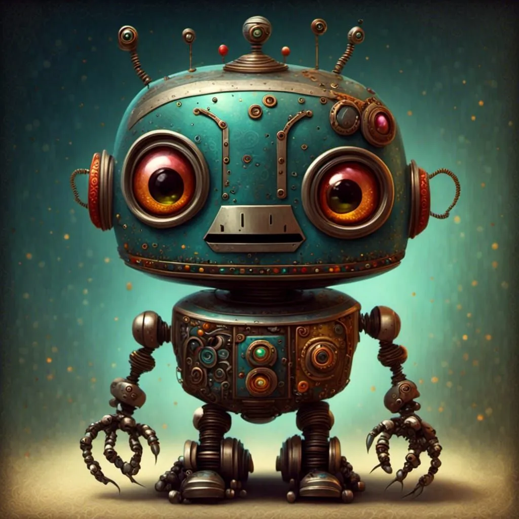 The robot is small and blue with big eyes and a friendly face. It has a metal body with lots of rivets and wires. It is standing on two legs and has two arms with claws. The background is a dark blue with a spotlight shining down on the robot.