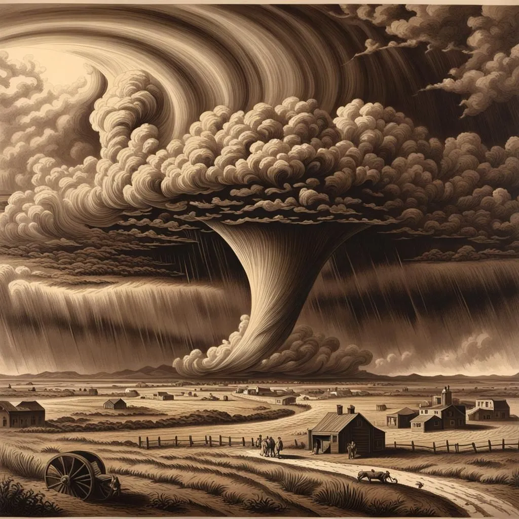 A black and white drawing of a tornado. The tornado is large and powerful, and it is destroying the town in its path. The people in the town are running for their lives, and some of them are being lifted into the air by the tornado. The tornado is a symbol of the power of nature, and it is a reminder that we are not always in control of our own lives.