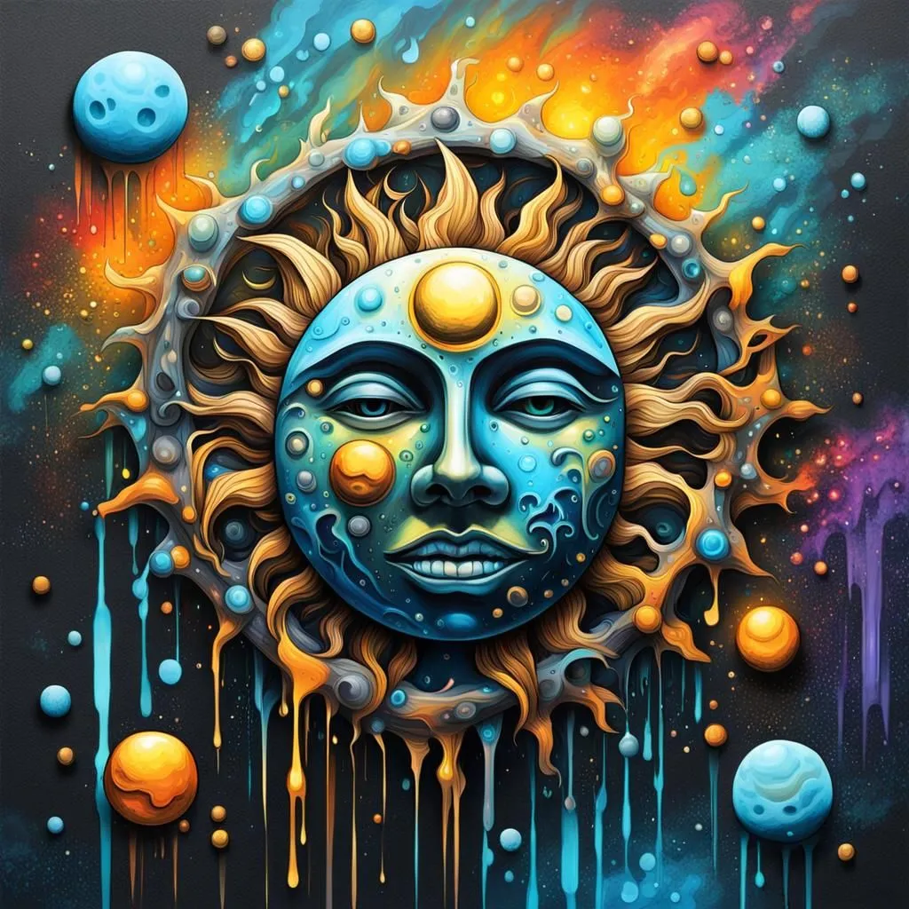 The image is a colorful depiction of the sun. The sun is depicted as a human face with a warm smile. It is surrounded by a halo of light and has rays extending outward in all directions. The background is a dark blue night sky filled with stars and planets. The sun's face is a combination of blue and yellow colors, with light blue and yellow dots representing the sun's light. The sun's rays are a mix of yellow, orange, and red, representing the sun's heat. The background is dark blue, with white and light blue dots representing the stars and planets.