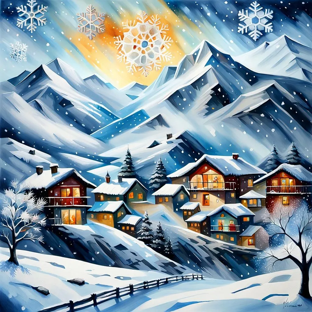 This is a beautiful winter scene of a mountain village. The snow is falling heavily and the houses are covered in snow. The trees are bare, except for a few evergreens. The mountains in the background are covered in snow and the sun is shining brightly. The scene is peaceful and serene.