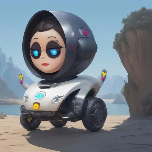 The image shows a cute robot on a sandy beach. The robot has a white body and a black head. It has big blue eyes and a small mouth. It is wearing a black and white hijab. The robot is standing on four wheels and has two arms. It is looking at the camera. In the background, there is a large rock and a body of water.