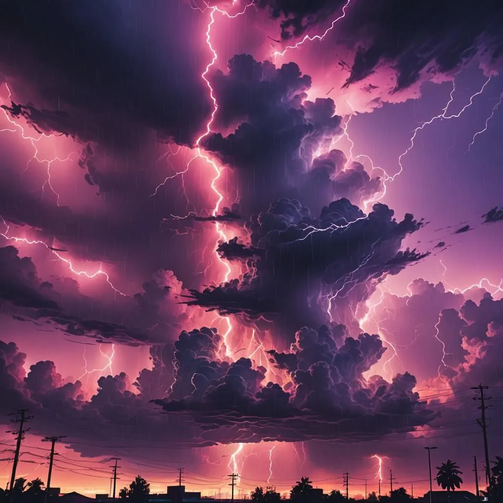 A raging storm is depicted in the image. The sky is dark and filled with ominous clouds. The clouds are illuminated by frequent lightning strikes, which are both beautiful and terrifying. The storm is likely to cause damage and disruption, but it is also a reminder of the power of nature.