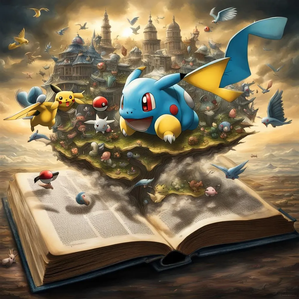 The image is a fantasy illustration of a world inside a book. The world is inhabited by various Pokémon, including Pikachu, Charmander, Squirtle, and Bulbasaur. The Pokémon are depicted as living in harmony with each other and with the environment. The image is drawn in a realistic style and the colors are vibrant and bright. The image is full of details and the artist has clearly put a lot of thought into creating it.