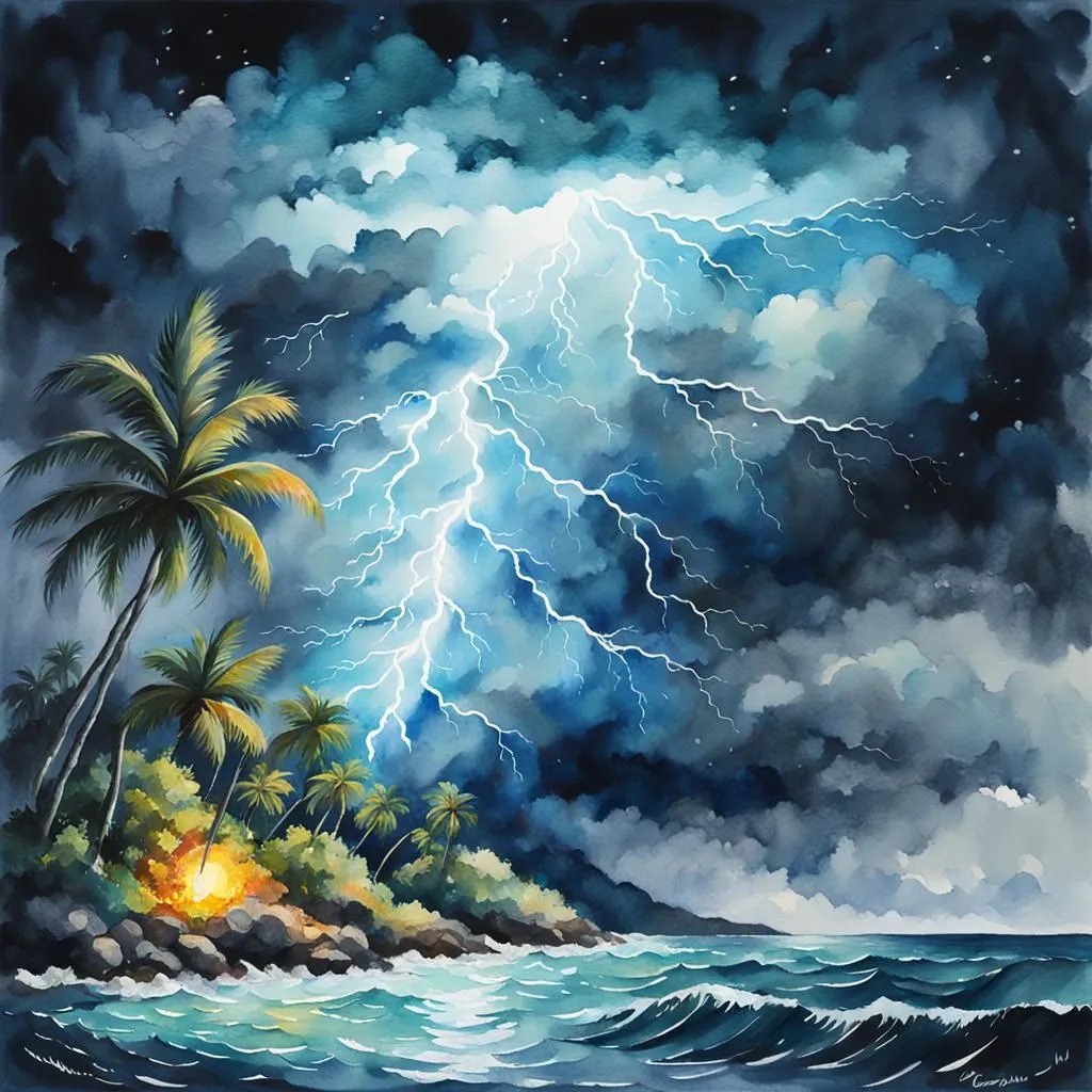 A stormy night at sea is depicted in the painting. The dark waves are whipped up by the wind, the palm trees are bent over, and the lightning flashes in the sky. The painting is full of energy and movement, and the viewer can almost feel the wind and rain. The painting is also full of contrast, with the bright lightning bolts set against the dark sky. The overall effect is one of drama and excitement.