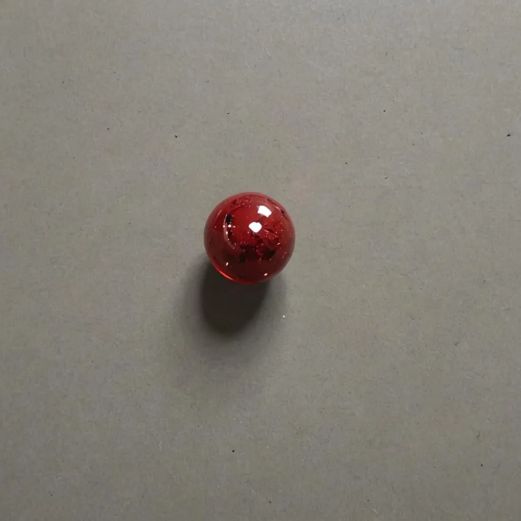 The image shows a red ball with a smooth surface. The ball is reflecting the light and there is a shadow underneath it. The ball is in focus and the background is blurred.