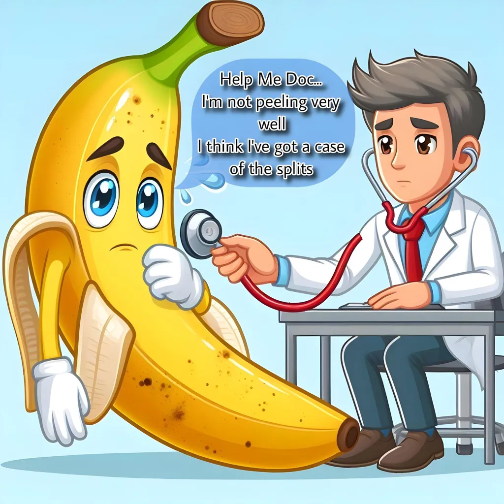 A cartoon image of a banana lying on a table while a doctor is examining it with a stethoscope. The banana is sweating and has a worried expression on its face. The doctor is holding the stethoscope to the banana's peel. The banana is saying, "Help me, doc...I'm not peeling very well. I think I've got a case of the splits."